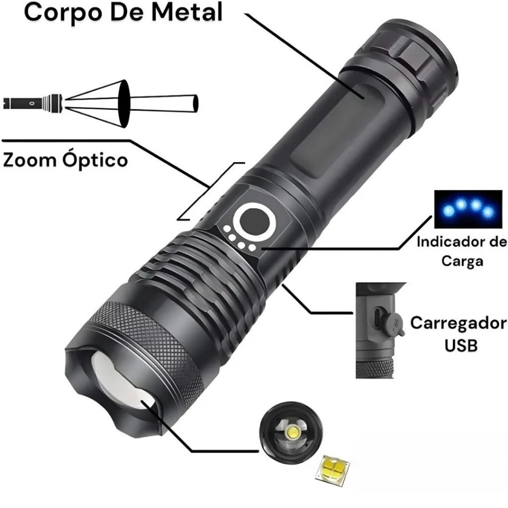 Lanterna Tática LED T9 P50 168000W 327000 Lúmens Zoom 2000x