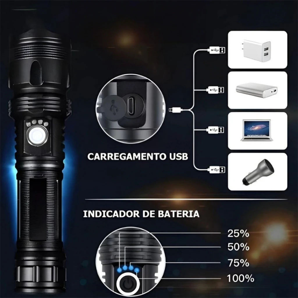 Lanterna Tática LED T9 P50 168000W 327000 Lúmens Zoom 2000x